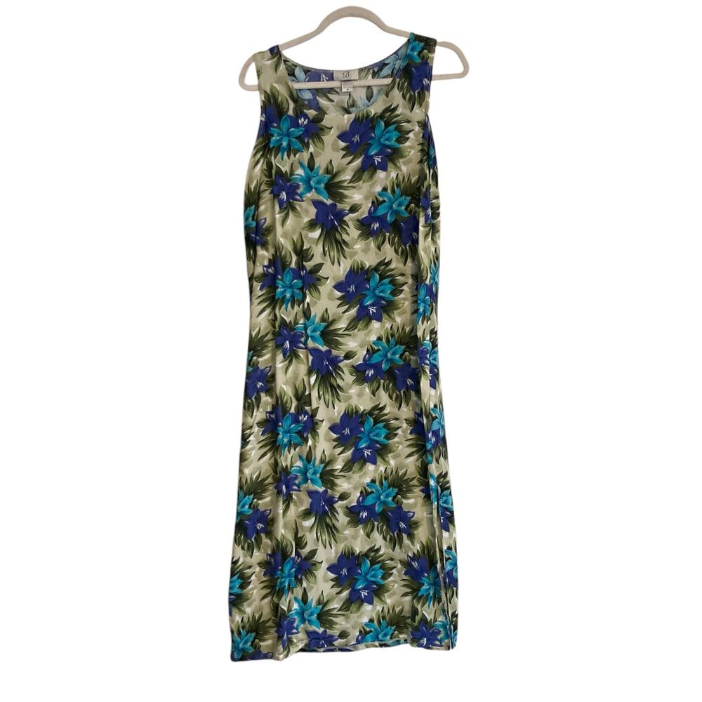 Vintage 80s Blue Green Hawaiian Floral Rayon Sheath Sundress Size Medium